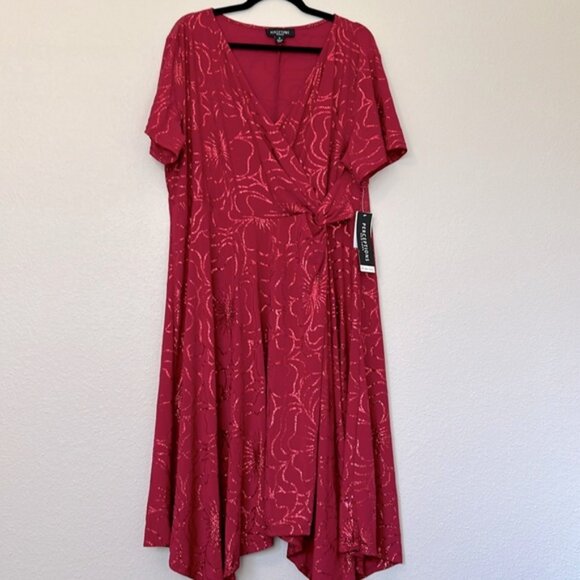 Perceptions Sparkle Red Ling Midi Dress size 1X shark bite hem Faux Wrap - Picture 1 of 7